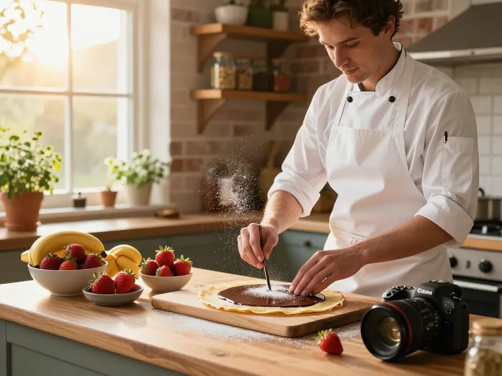 Delicious crepes with dark chocolate toppings being prepared in a cozy kitchen scene showcasing vibrant fruits.